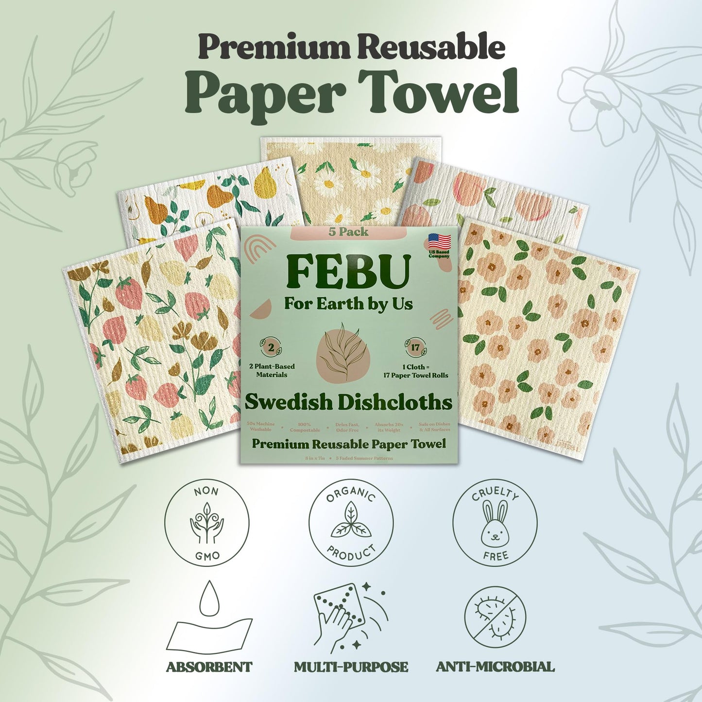 FEBU Swedish Dishcloths – 5 Pack Biodegradable Cotton‑Cellulose Cleaning Cloths