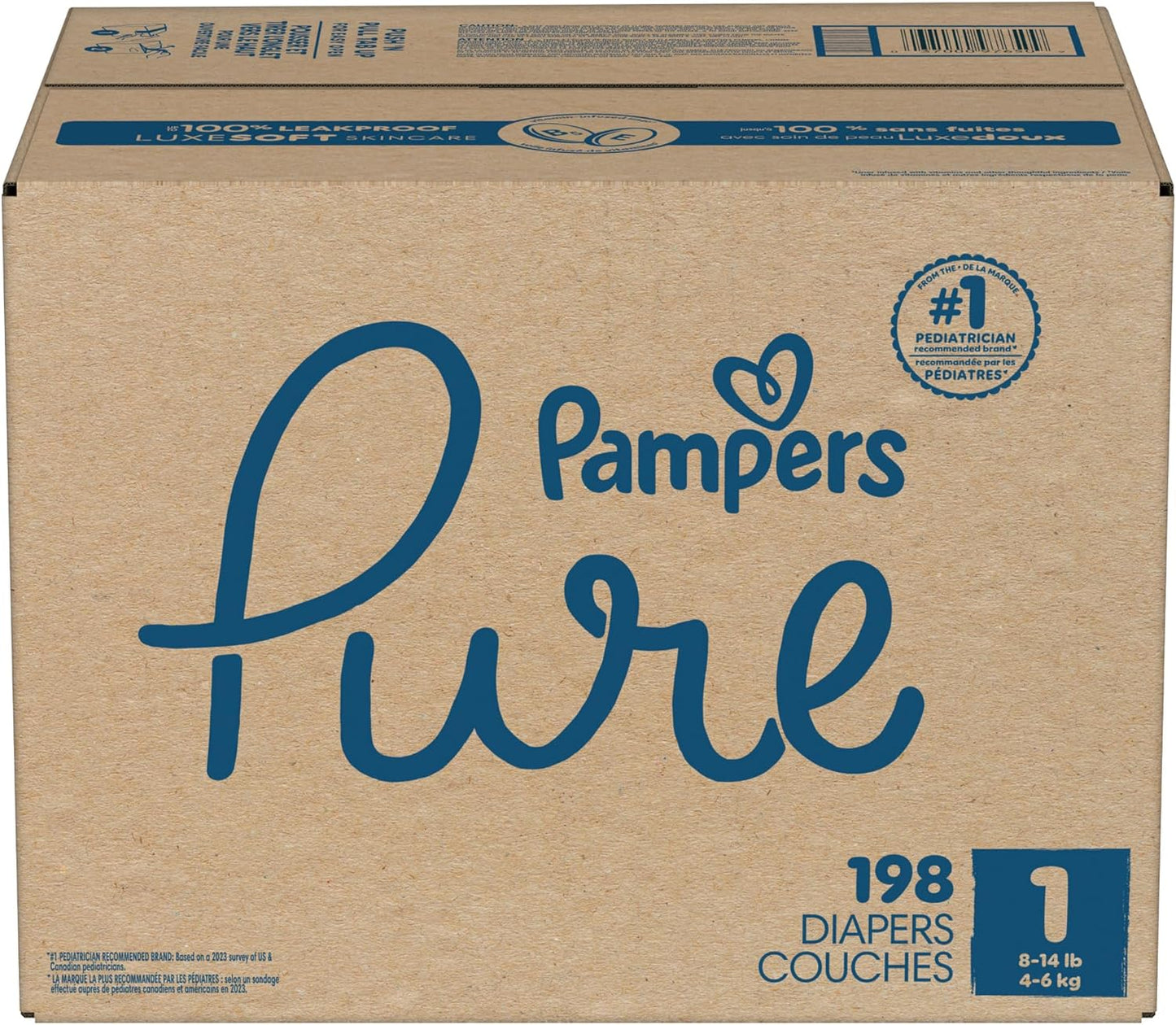 Pampers Pure diaper box with blue text on a brown background