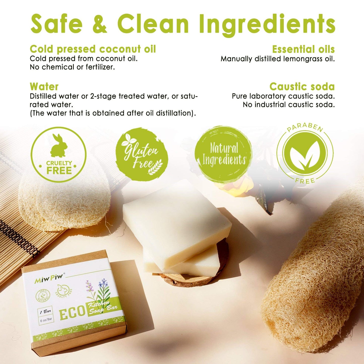 Miw Piw Vegan Dish Soap Bar – Large 6 oz, Plastic‑Free & Palm‑Oil Free