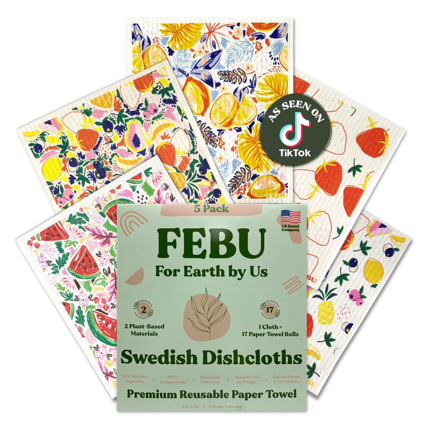 FEBU Swedish Dishcloths – 5 Pack Biodegradable Cotton‑Cellulose Cleaning Cloths