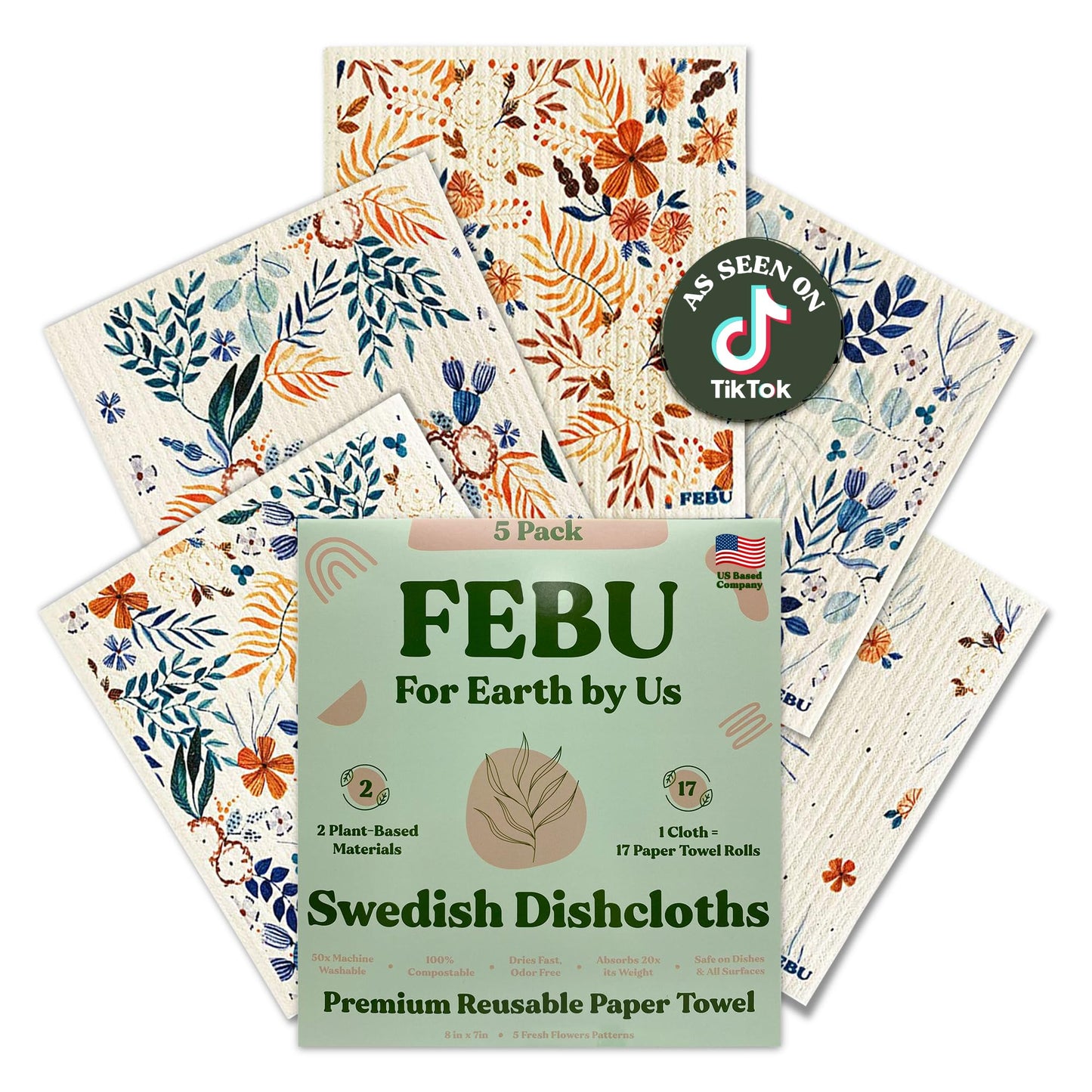 FEBU Swedish Dishcloths – 5 Pack Biodegradable Cotton‑Cellulose Cleaning Cloths