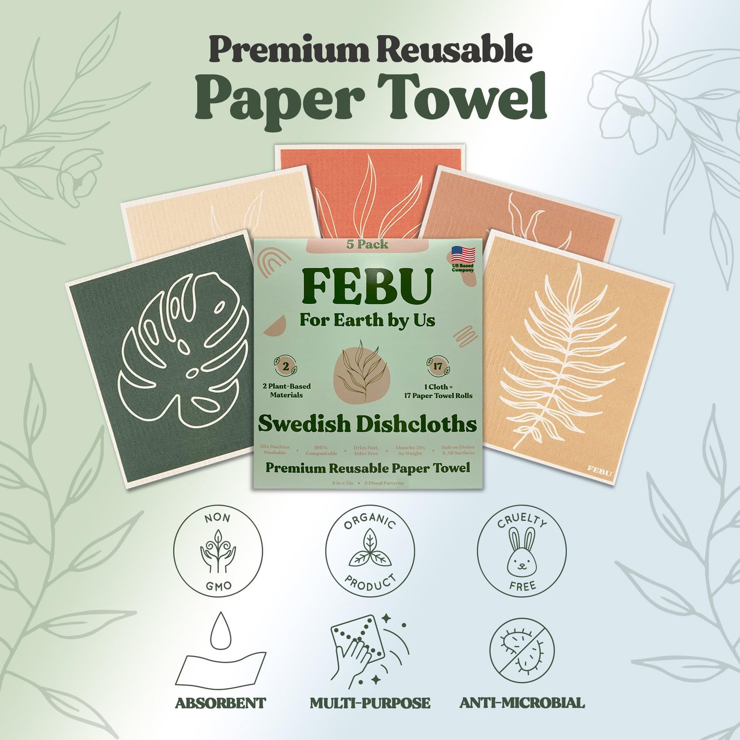 FEBU Swedish Dishcloths – 5 Pack Biodegradable Cotton‑Cellulose Cleaning Cloths