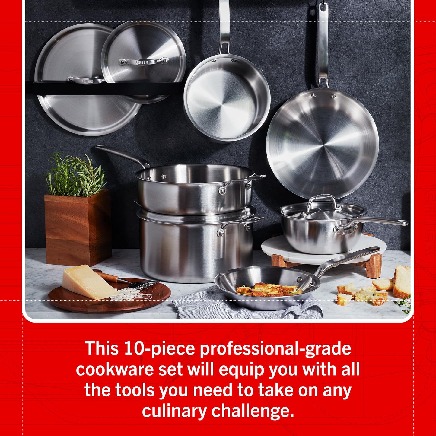 10-piece professional-grade cookware set with pots, pans, and lids on a dark background.