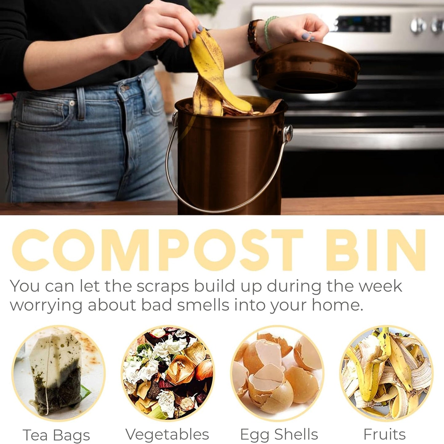 EPICA Countertop Compost Bin – 1.3 Gallon Stainless Steel, Toxin‑Free & Odorless