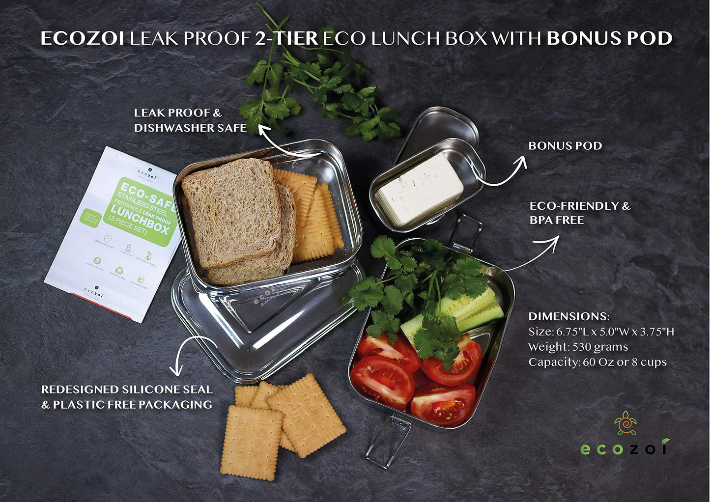 ecozoi 3‑in‑1 Leak‑Proof Stainless Steel Bento Lunch Box | TRUE Shift Reusable Metal Food Container