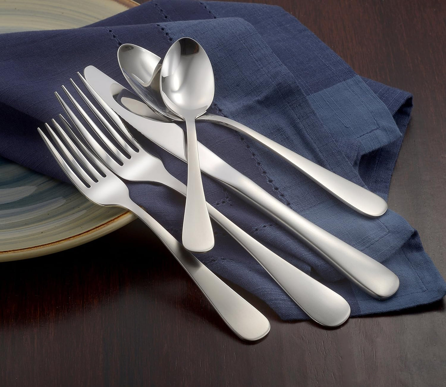 TRUE Shift Satin Annapolis 45‑Piece Flatware Set | Non‑Toxic Stainless, Made in USA