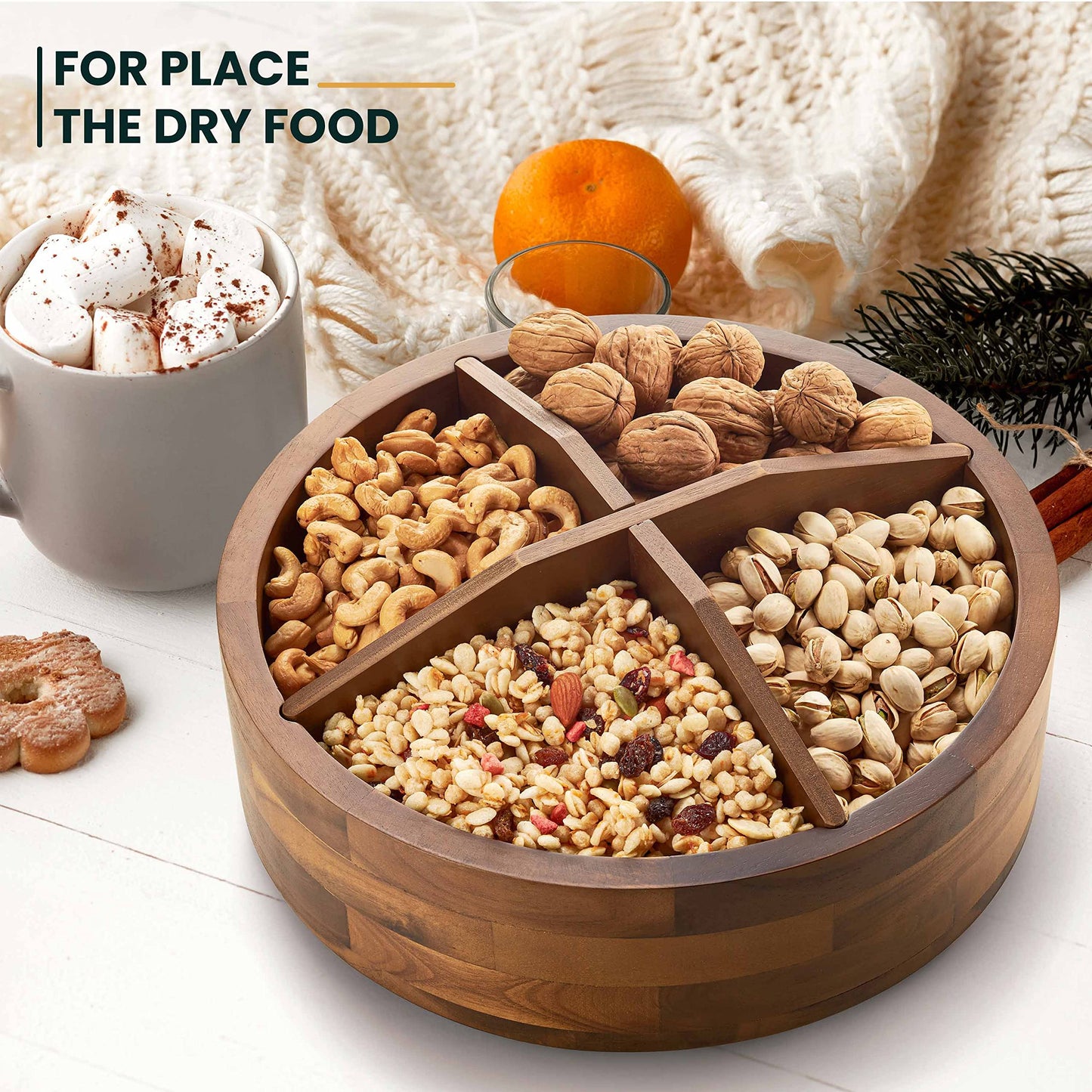 12" Acacia Wood Lazy Susan Organizer with 4 Dividers