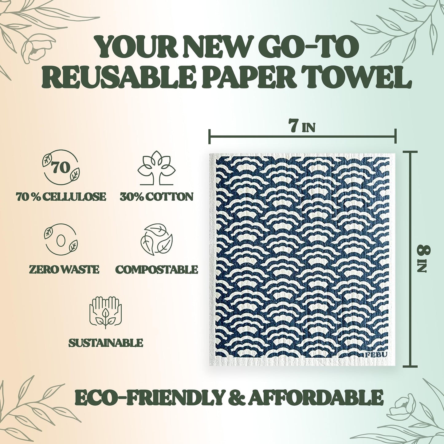 FEBU Swedish Dishcloths – 5 Pack Biodegradable Cotton‑Cellulose Cleaning Cloths