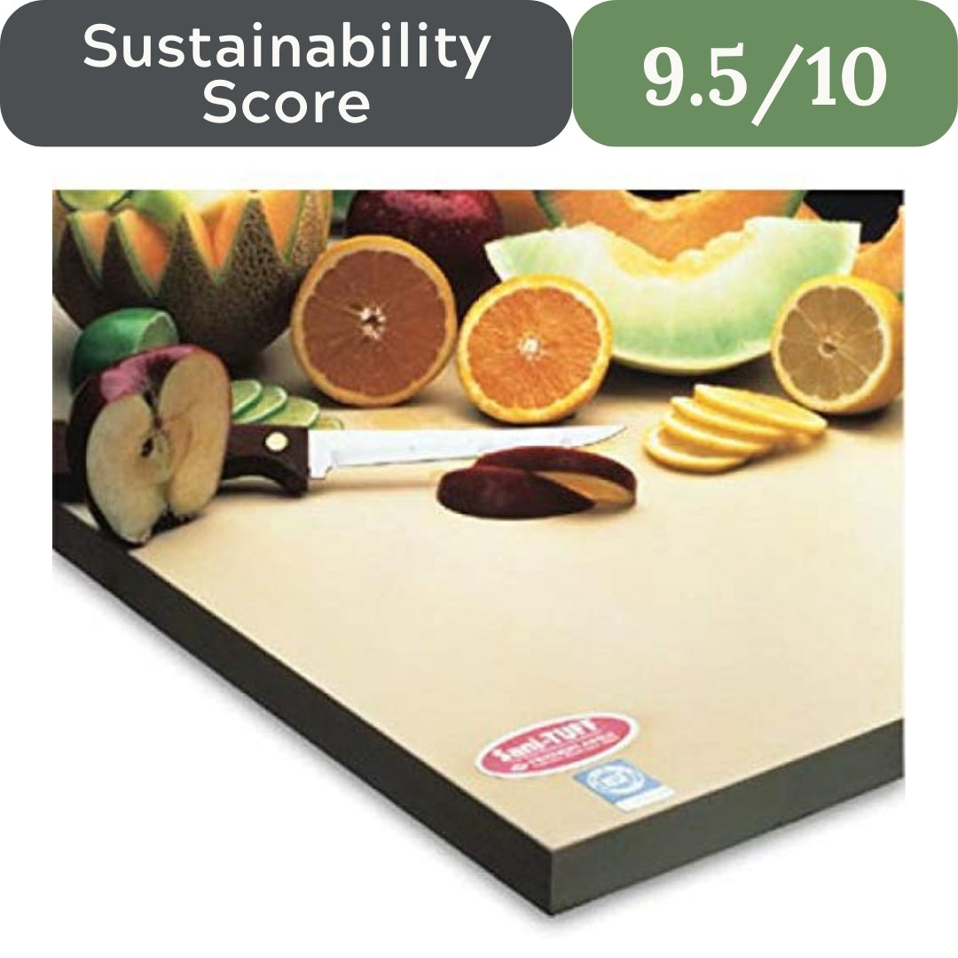 Cutting board with fruits and a knife, sustainability score displayed. NoTrax Sani-Tuff Rubber Cutting Board for toxin-free non-toxic kitchen in USA 2026