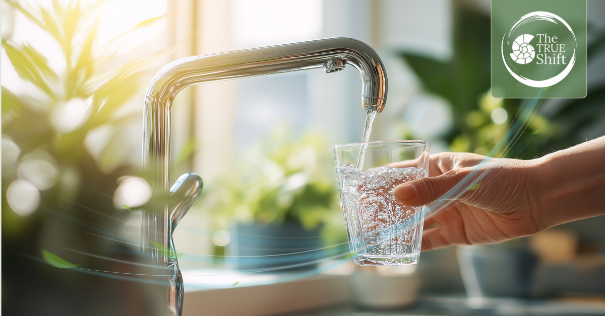 Person filling a glass with water from a kitchen faucet, with a blurred indoor background.