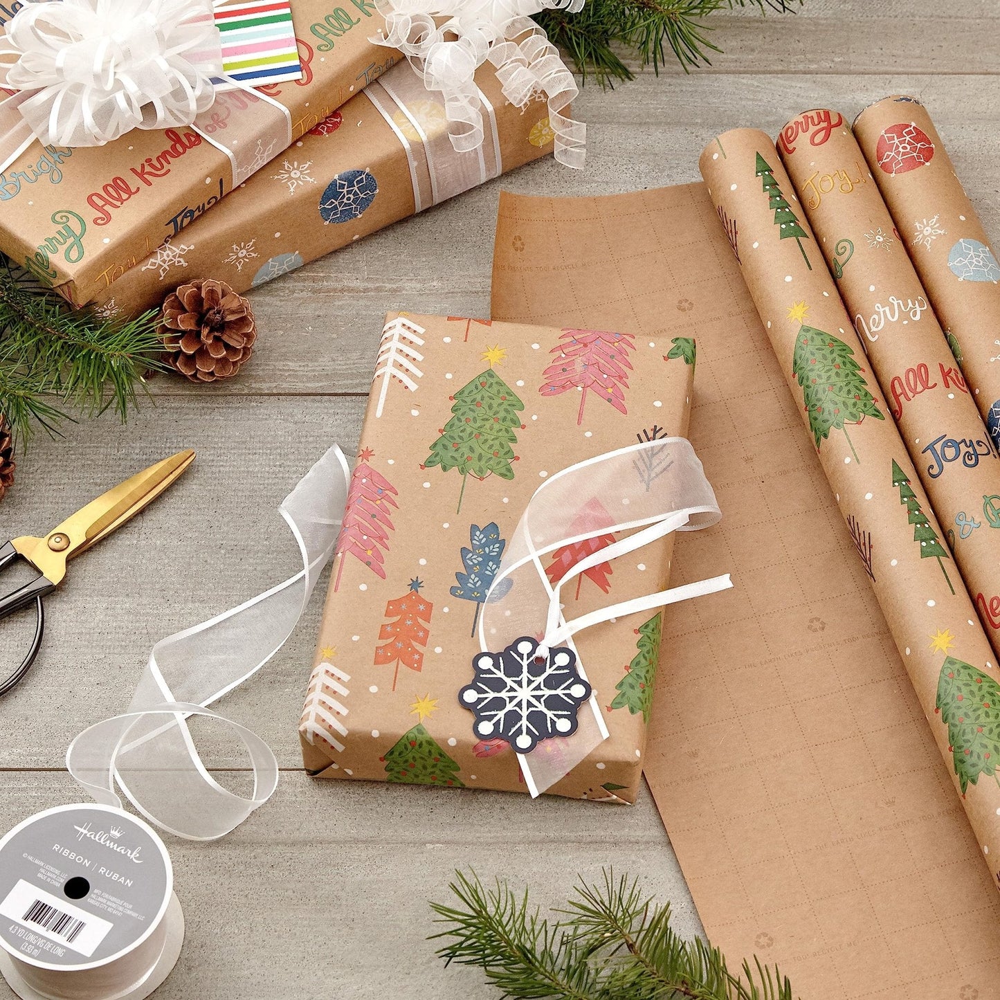 Hallmark: Christmas Wrapping Paper - Recyclable Kraft Paper, 30" Wide by 12' Long (Pack of 3) - The Tribalist
