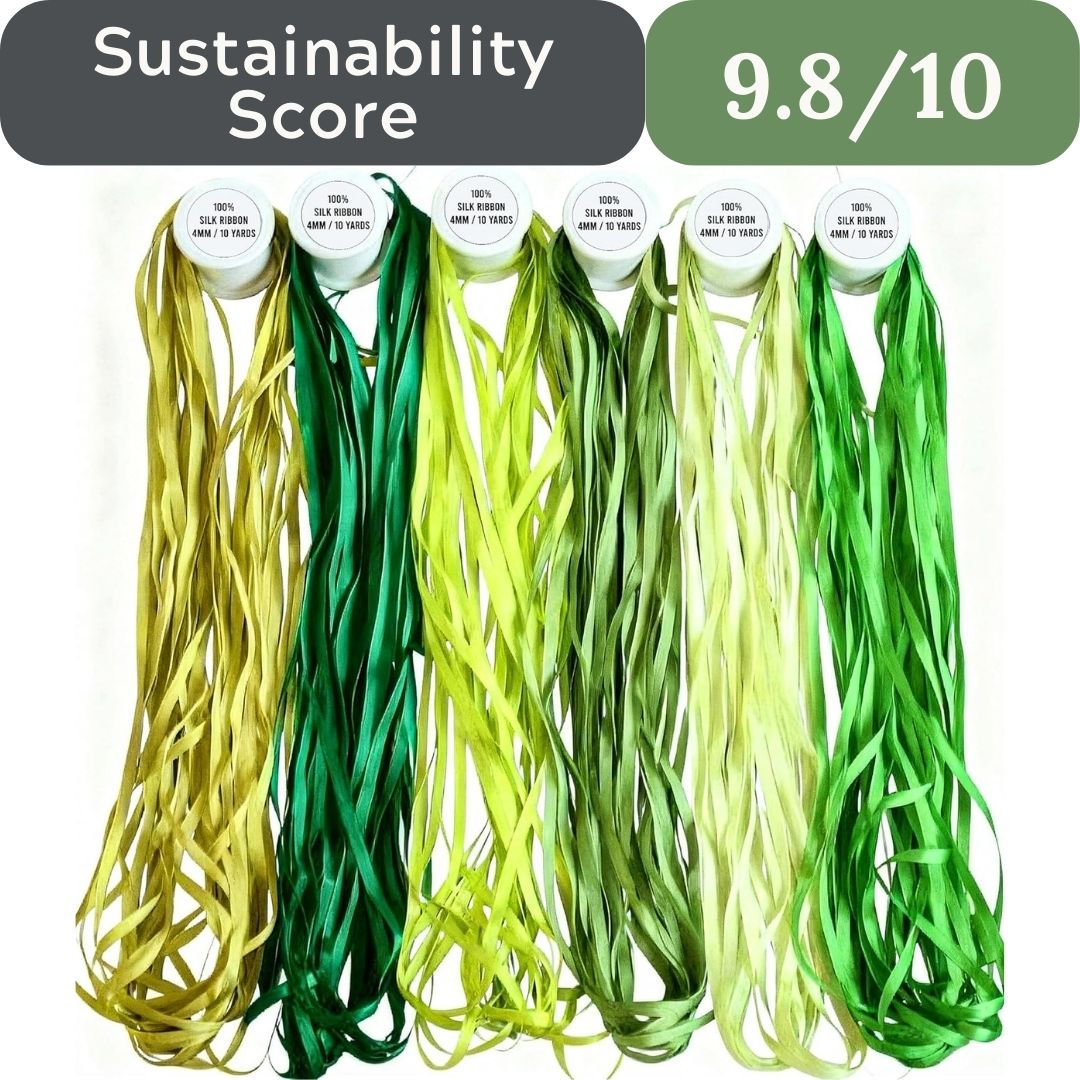 Set of green hair extensions with a sustainability score label on a white background