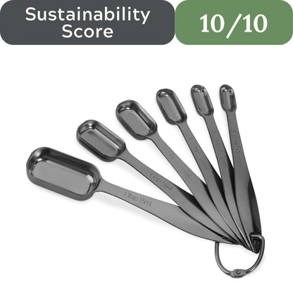 Set of metallic measuring spoons with a sustainability score displayed above them on a white background.