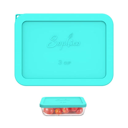 Turquoise silicone lid with 'Sophico' branding on a white background