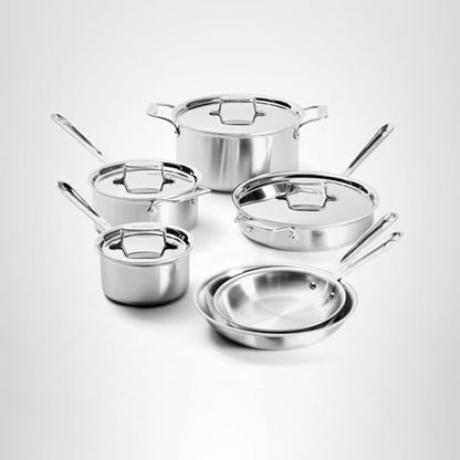 Set of stainless steel cookware with lids on a light gray background