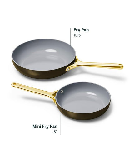 Two frying pans with gold handles, one labeled 'Fry Pan' and the other 'Mini Fry Pan', on a white background.