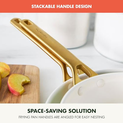 Gold frying pan handle with text about stackable design and space-saving solution on a white background.