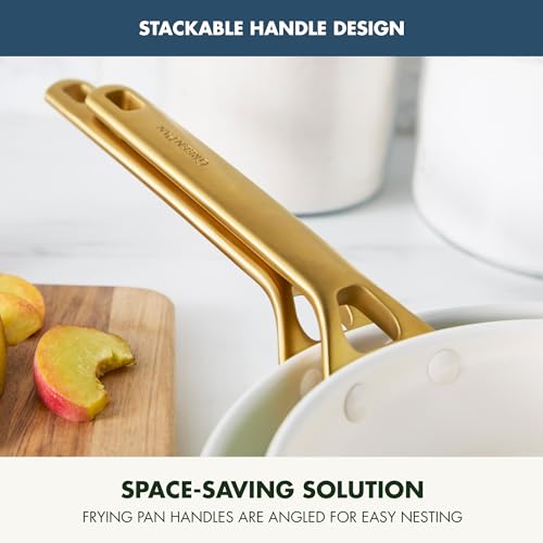 Gold frying pan handle with text highlighting stackable design and space-saving solution.