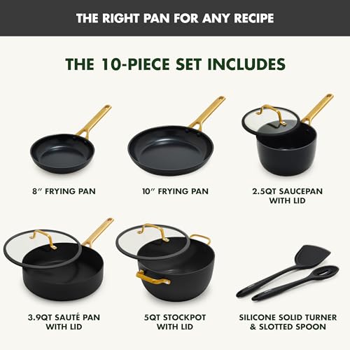 10-piece cookware set with frying pans, saucepan, sauté pan, stockpot, and utensils on a white background.