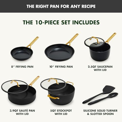10-piece cookware set with frying pans, saucepan, sauté pan, stockpot, and utensils on a white background.