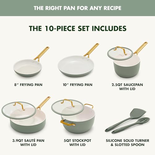 10-piece cookware set with frying pans, saucepan, sauté pan, stockpot, and utensils on a white background.