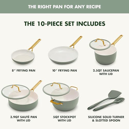 10-piece cookware set with frying pans, saucepan, sauté pan, stockpot, and utensils on a white background.