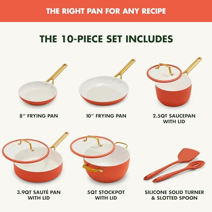 10-piece cookware set with various pans and a silicone turner on a white background.