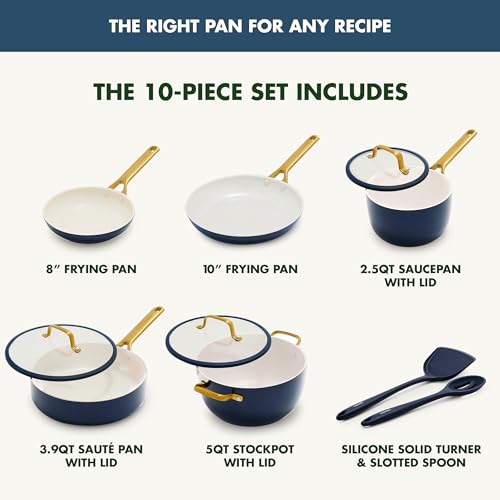 10-piece cookware set with various pans and a silicone turner on a white background