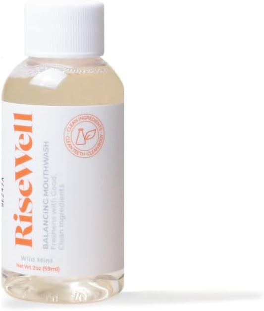 Bottle of Risewell balancing mouthwash on a white background