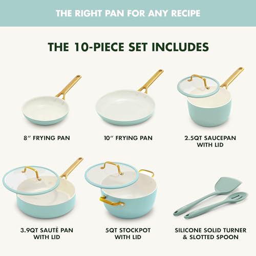 10-piece cookware set with frying pans, saucepan, sauté pan, stockpot, and utensils on a white background.