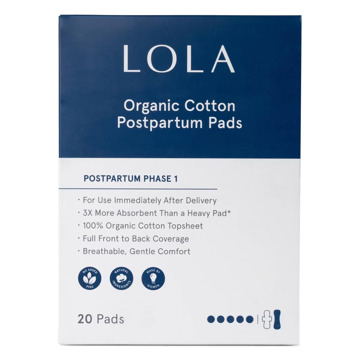LOLA 100% Organic Cotton Max Absorbency Postpartum Pads