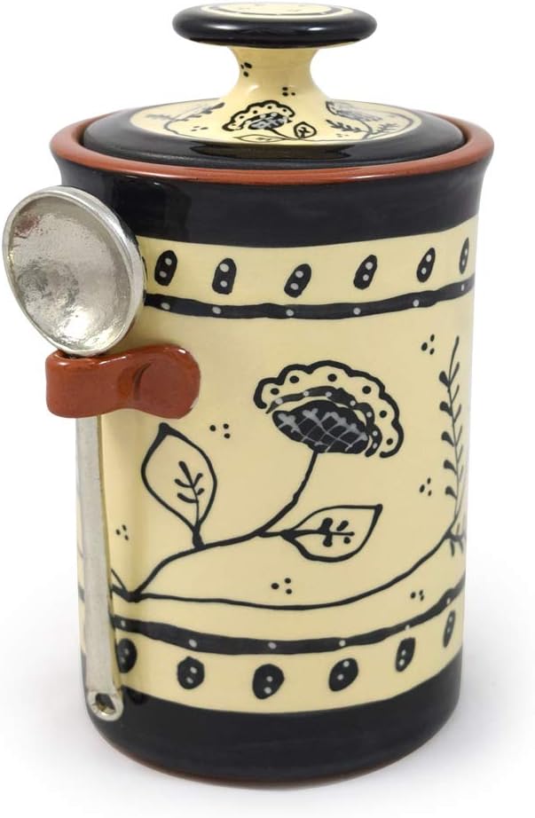 American Handmade Terra Cotta Pottery Kitchen Canister with Pewter Spoon Scoop, Lead-Free USA Handmade