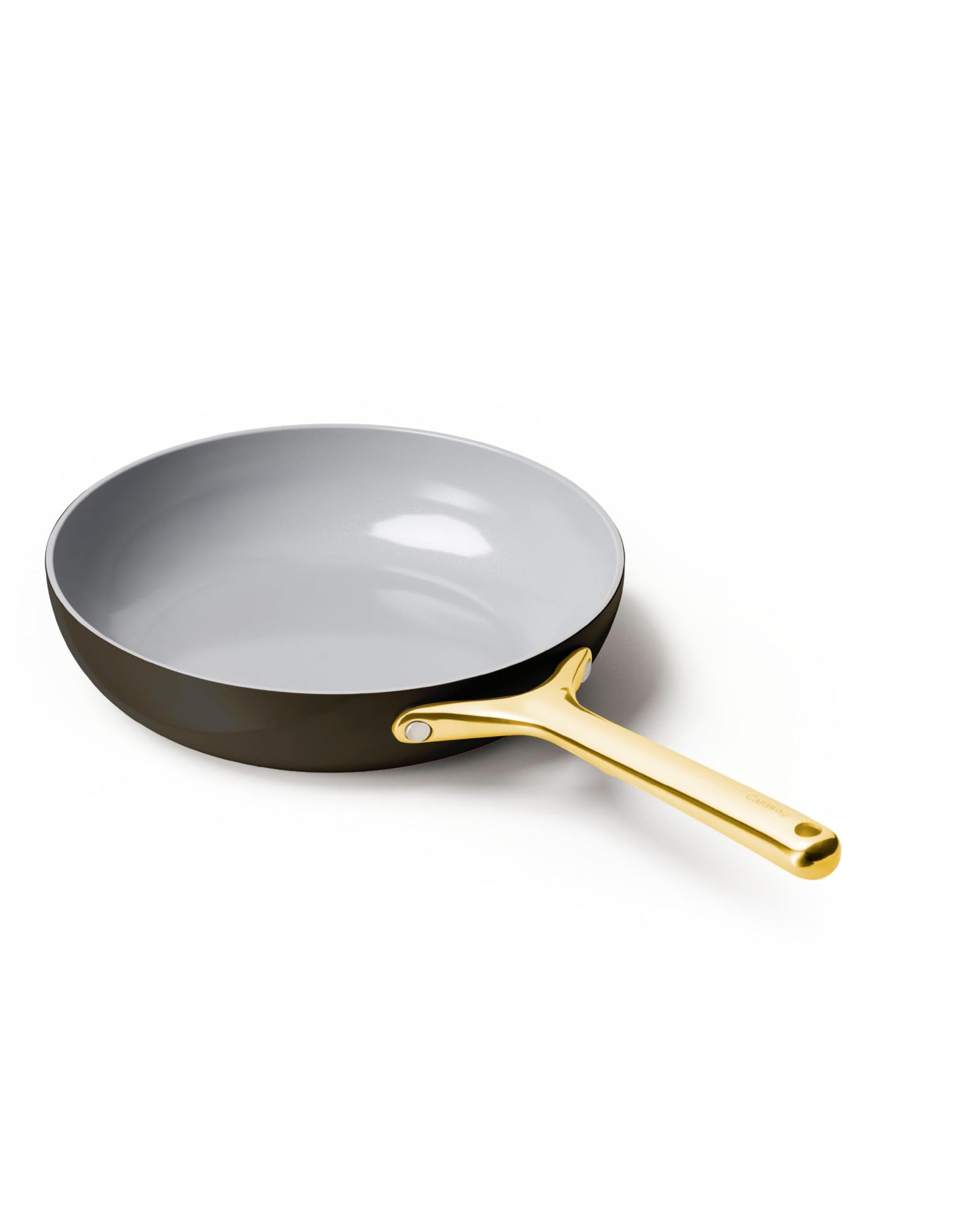 Gray frying pan with a gold handle on a white background
