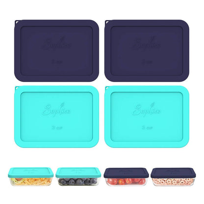 Set of silicone food containers with blue and teal lids on a white background