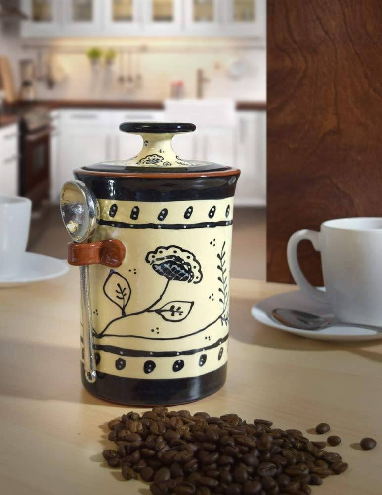 American Handmade Terra Cotta Pottery Kitchen Canister with Pewter Spoon Scoop, Lead-Free USA Handmade
