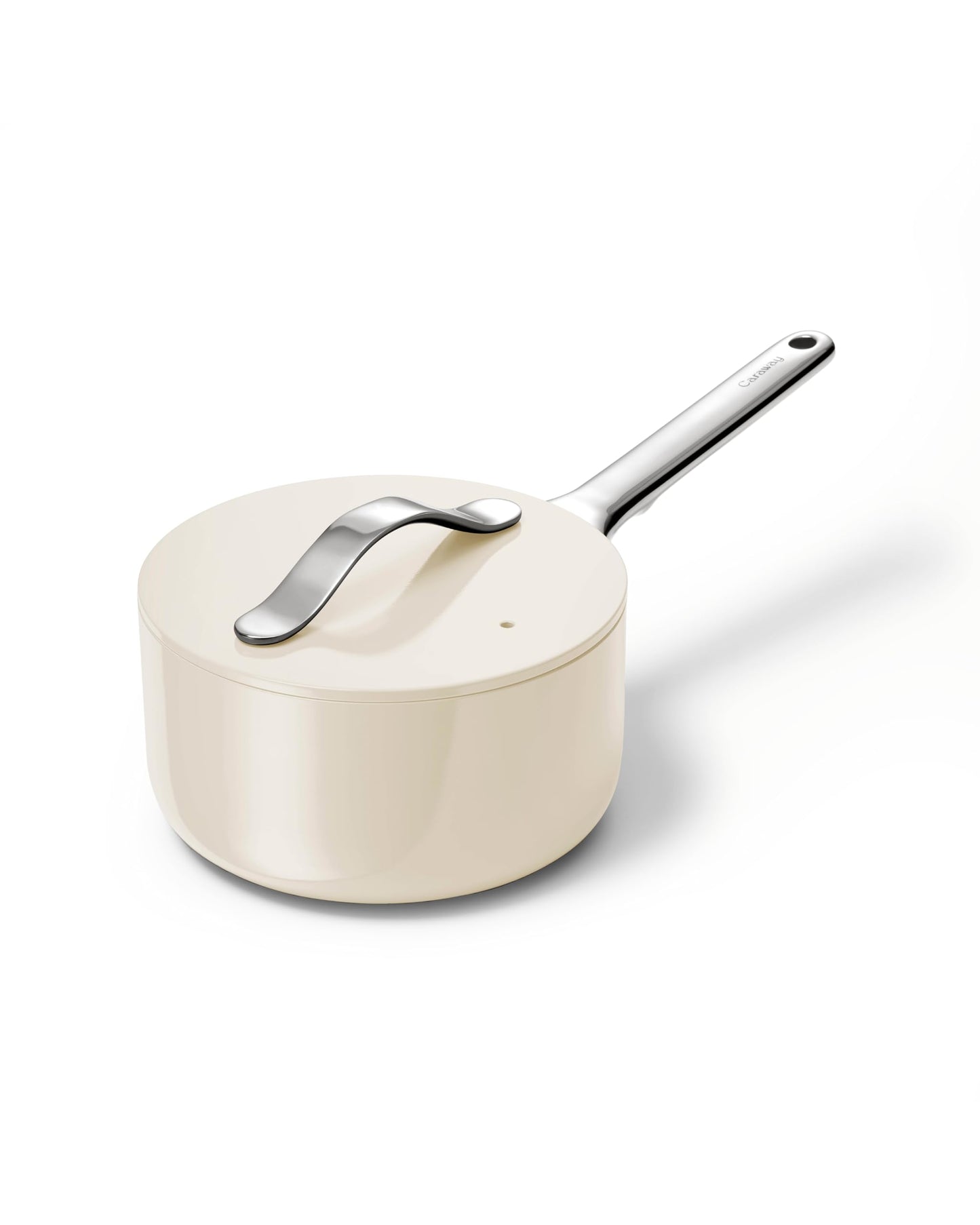 White saucepan with a silver handle on a white background
