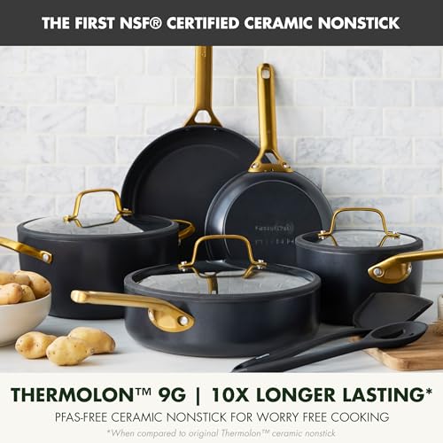 Set of black cookware with gold handles on a white surface, featuring text about NSF certification and Thermolon material.