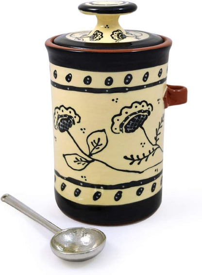 American Handmade Terra Cotta Pottery Kitchen Canister with Pewter Spoon Scoop, Lead-Free USA Handmade