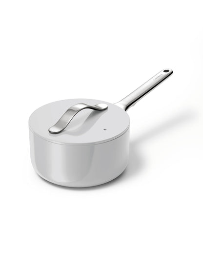 White saucepan with a silver handle on a white background