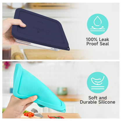Navy and teal silicone lids with '100% Leak Proof Seal' and 'Soft and Durable Silicone' text on a kitchen background.