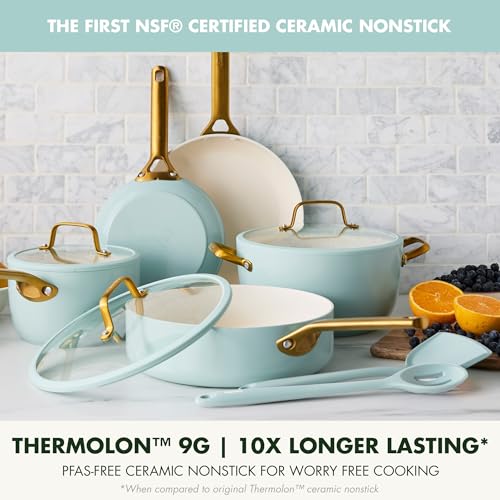 Set of ceramic cookware with gold handles on a kitchen counter, featuring Thermolon 9G branding.