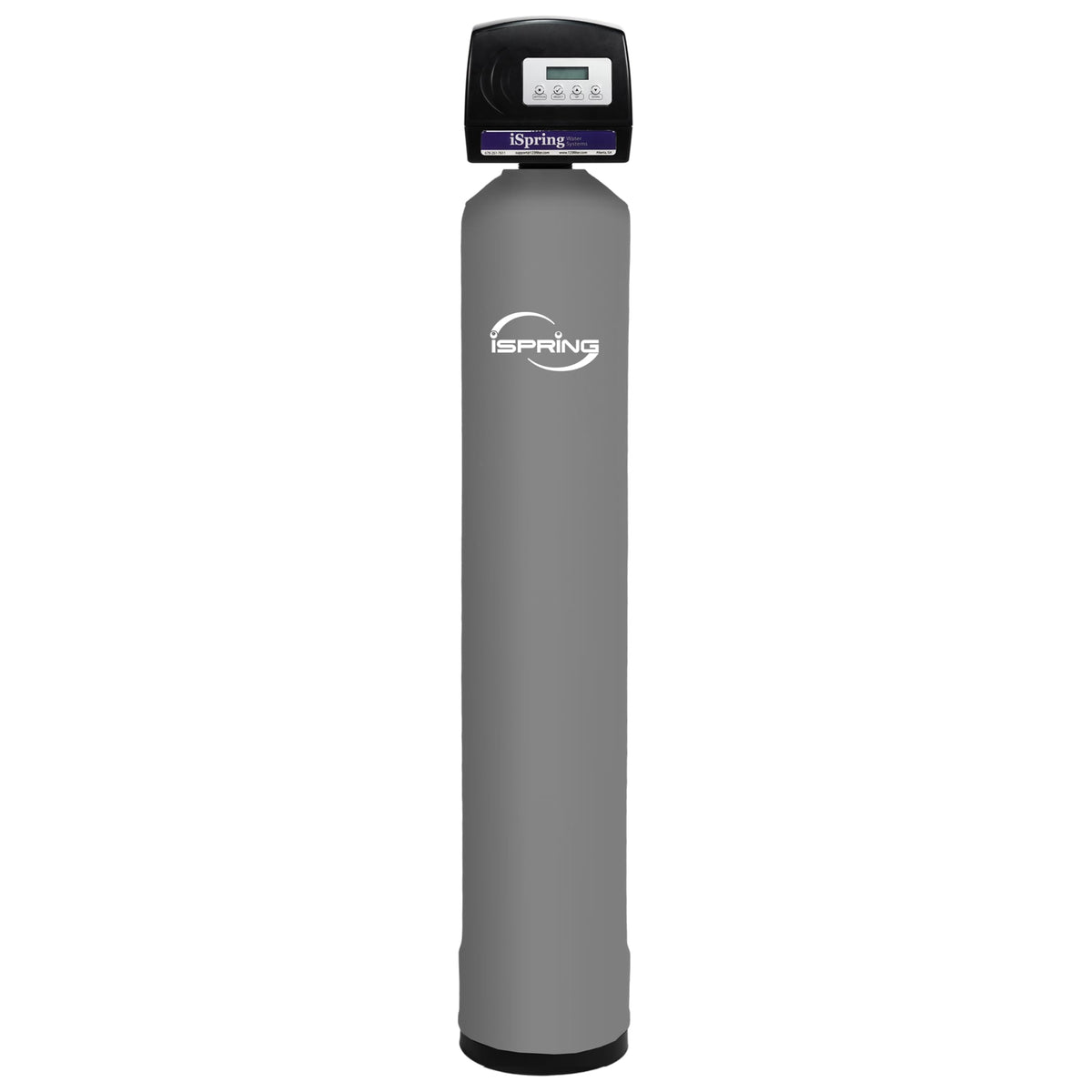 iSpring gray cylindrical water filter with digital display on a white background
