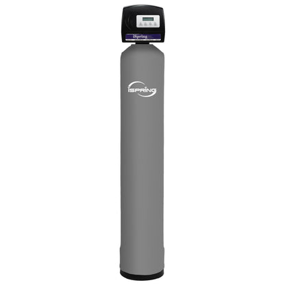 iSpring gray cylindrical water filter with digital display on a white background