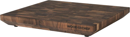 Wooden cutting board with 'Wood & Chef' branding on a white background
