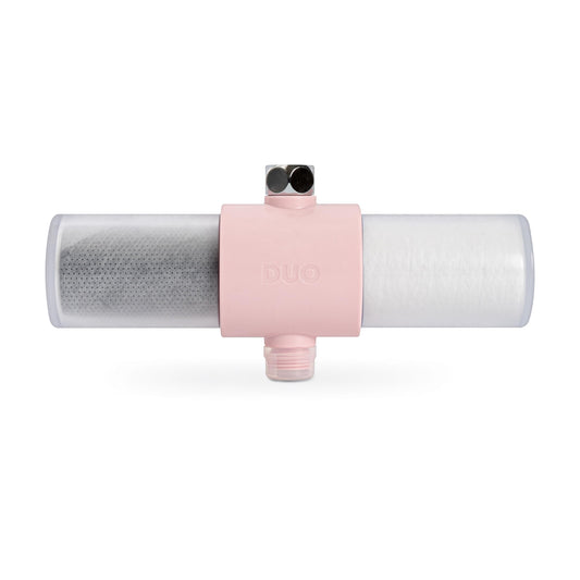Pink and white cylindrical product with a brand logo on a white background