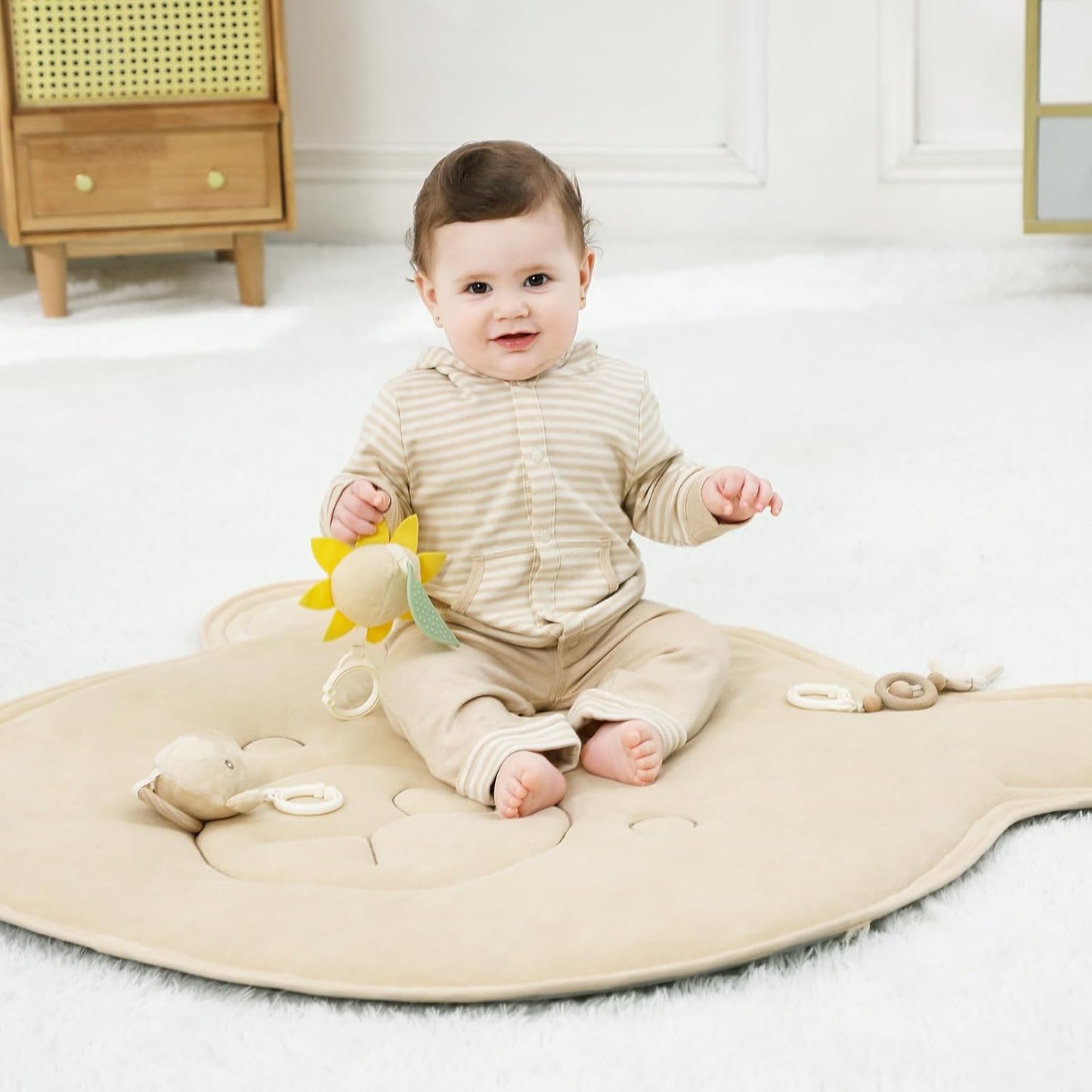Wooden Baby Play Gym & Activity Mat: Soft Cotton Tummy Time Set