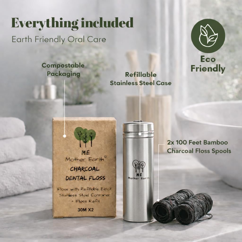 Biodegradable Bamboo Charcoal Dental Floss, Refillable Steel Container, Vegan – Me Mother Earth