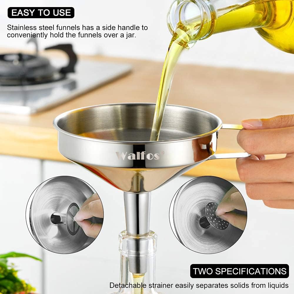 Walfos Stainless Steel Funnel Set: 3-Pack with Removable Strainers