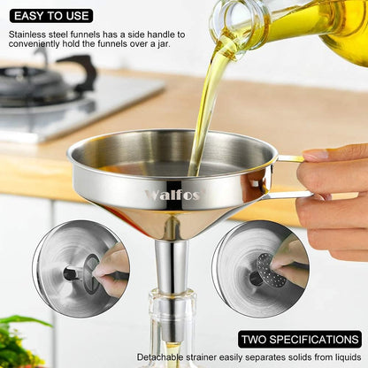Walfos Stainless Steel Funnel Set: 3-Pack with Removable Strainers