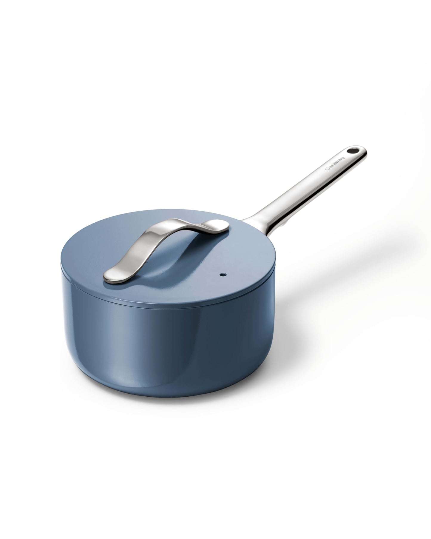 Blue saucepan with a silver handle on a white background